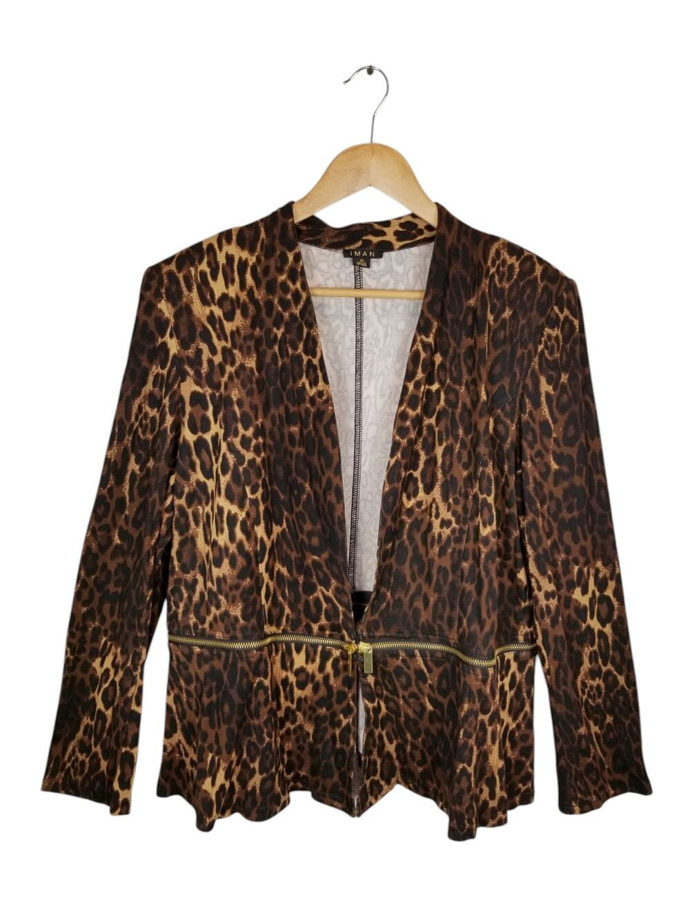 Iman Women's Leopard Print Stretch Knit Blazer Jacket Black Brown Tan Size XL
